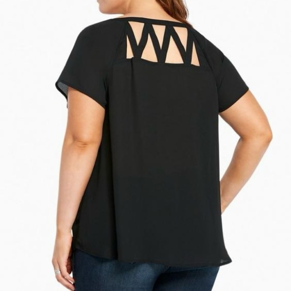 torrid Georgette Cage Front Top Short Sleeves Deep Black Strappy Plus Size 3X - Picture 2 of 11